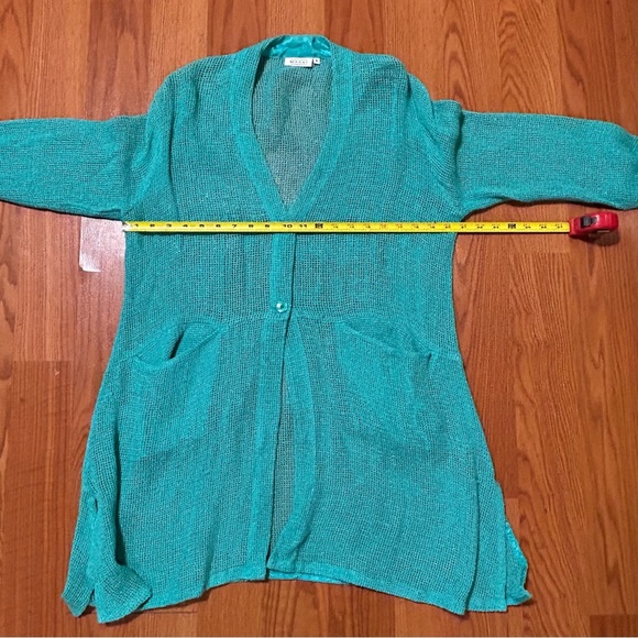 Masai Size S Cover Up Cardigan Mesh Open Weave Knit 2-Buttons Pockets Green - Picture 11 of 12